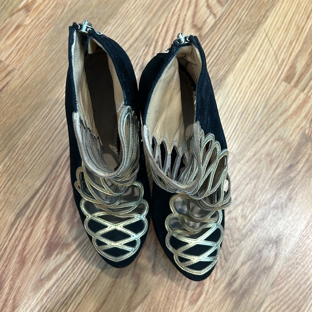 Charlotte Olympia Zena Black And Gold Suede Stiletto  Bootie Size 37 women’s - Picture 5 of 14